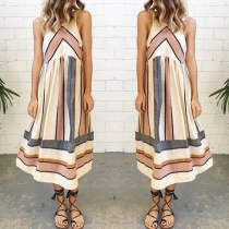 Fashion Sleeveless Round Neck Contrast Color Striped Maxi Dress