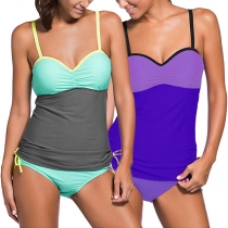 Sexy Backless Contrast Color Sling Swimsuit Set