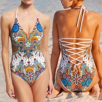 Sexy Backless V-neck Printed One-piece Swimsuit