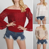 Sexy Off-shoulder Boat Neck Trumpet Sleeve Lace Spliced Top