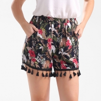 Fashion Elastic Waist Tassel Hem Printed Shorts