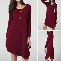 Fashion Solid Color Long Sleeve Round Neck Irregular Hem Dress