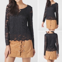 Fashion Long Sleeve Round Neck Hollow Out Lace Top