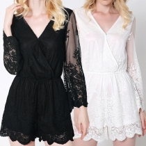 Sexy Deep V-neck See-through Gauze Spliced Long Sleeve Lace Embroidered Romper