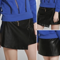 Fashion High Waist Irregular Hem PU Leather Skirt