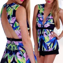 Sexy Backless Deep V-neck Sleeveless Printed Romper