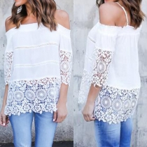 Sexy Off-shoulder Half Sleeve Lace Spliced Solid Color Top