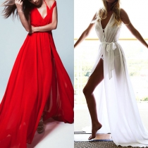 Sexy Deep V-neck Slit Hem Solid Color Chiffon Beach Dress