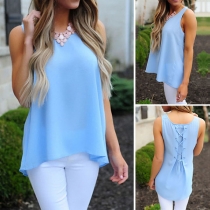 Fashion Solid Color Sleeveless Round Neck High-low Hem Lace-up Chiffon Top