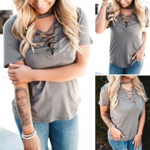 Fashion Solid Color Short Sleeve Lace-up V-neck T-shirt