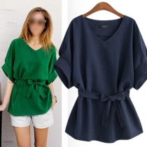 Fashion Solid Color Short Sleeve Round Neck Knotted Chiffon Top