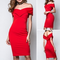 Sexy Off-shoulder Boat Neck Solid Color Slim Fit Party Dress