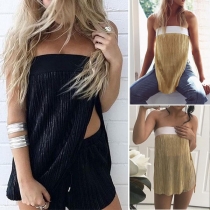 Sexy Contrast Color Strapless Slit Shorts Length Top + Shorts Two-piece Set