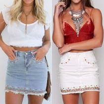 Fashion High Waist Tassel Hem Embroidered Denim Skirt