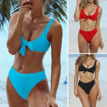 Sexy Solid Color Deep V-neck Knotted Bikini Set