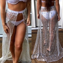 Sexy Side-slit High Waist Sequin See-through Smock Skirt