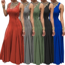 Elegant Solid Color Sleeveless Round Neck High Waist Party Dress