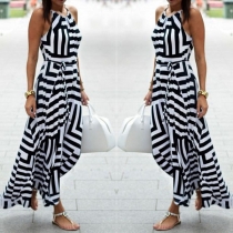 Fashion Sleeveless Round Neck Sling Striped Dress