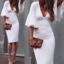 Sexy Deep V-neck Lotus Sleeve Solid Color Slim Fit Party Dress