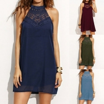 Sexy Off-shoulder Lace Spliced Solid Color Halter Dress