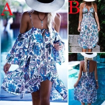 Sexy Off-shoulder Trumpet Sleeve Printed Sling Dress