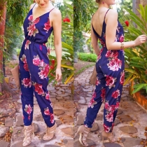Sexy Backless V-neck High Waist Printed Sling Jumpsuit