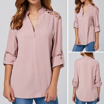 Fashion Solid Color Hollow Out Long Sleeve V-neck Blouse
