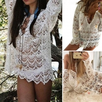 Sexy Lace-up Deep V-neck Long Sleeve Hollow Out Lace Crochet Smock