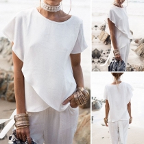 Fashion Solid Color Asymmetrical Short Sleeve Irregular Hem Chiffon Top