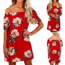 Sexy Off-shoulder Boat Neck Short Sleeve Printed Dress