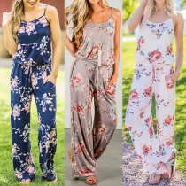 Sexy Backless Drawstring Waist Sling Printed Jumpsuit