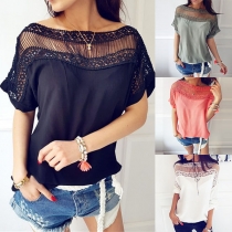 Sexy Hollow Out Lace Spliced Short Sleeve Round Neck Solid Color T-shirt