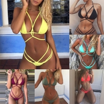 Sexy Solid Color Multi-strap Halter Bikini Set