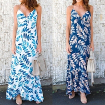 Sexy Backless Deep V-neck Printed Sling Maxi Dress