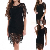 Sexy Backless Short Sleeve Round Neck Irregular Hem Slim Fit Lace Dress