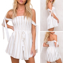 Sexy Off-shoulder Lace-up High Waist Striped Romper