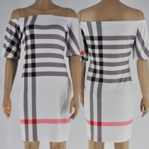 Sexy Off-shoulder Boat Neck Short Sleeve Striped Dress