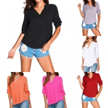 Fashion Solid Color Short Sleeve V-neck High-low Hem Blouse