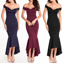 Sexy Off-shoulder V-neck Fishtail Hem Solid Color Party Dress