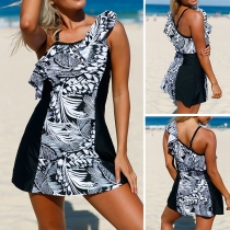 Sexy One-shoulder Ruffle Printed One-piece Swimsuit 
