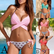Sexy Contrast Color Crossover Halter Printed Bowknot Bikini Set