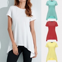 Fashion Solid Color Short Sleeve Round Neck Irregular Hem T-shirt