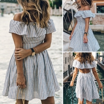 Sexy Backless Off-shoulder Ruffle Boat Neck High Waist Striped Dress