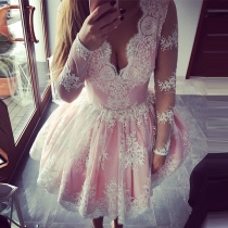 Sexy Deep V-neck Long Sleeve High Waist Lace Spliced Princess Dress