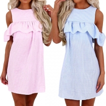 Sweet Style Off-shoulder Lotus Sleeve Round Neck Striped Dress