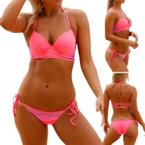 Sexy Striped Printed Spliced Low-waist Halter Bikini Set