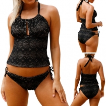 Sexy Backless Low-waist Hollow Out Lace-up Halter Bikini Set