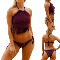 Sexy Backless Tassel Halter Top + Low-waist Rhinestone Inlaid Bottom Swimsuit Set