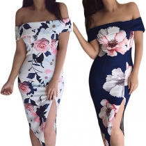 Sexy Off-shoulder Boat Neck Slit Hem Slim Fit Printed Party Dress