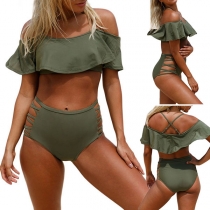 Sexy Off-shoulder Ruffle Top + Hollow Out High Waist Bottom Bikini Set